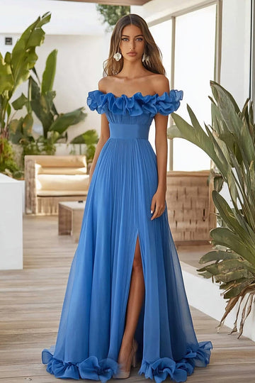 Off The Shoulder Blauwe A-lijn formele jurk met split